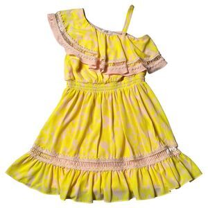 Girls' One-Shoulder Ruffled Summer Dress‎ Yellow Floral Pattern with Pink Trim